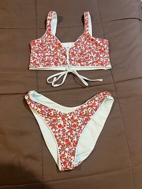 Maaji Light Blue Trim Floral Bikini Set with Red and Pink Flowers